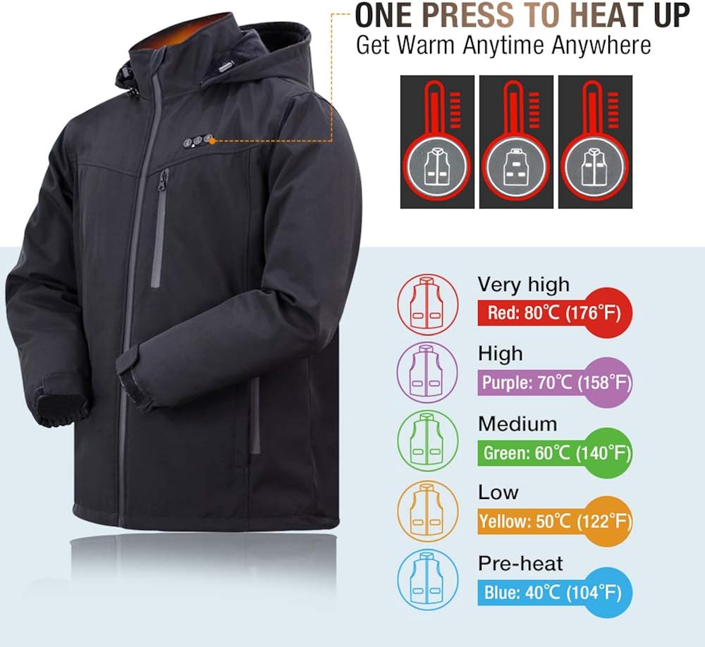 ARRIS Heated Jacket for Men, Electric Warm Heating Coat with 7.4V Rechargable Battery/8 Heating Areas/Phone Charging: Clothing