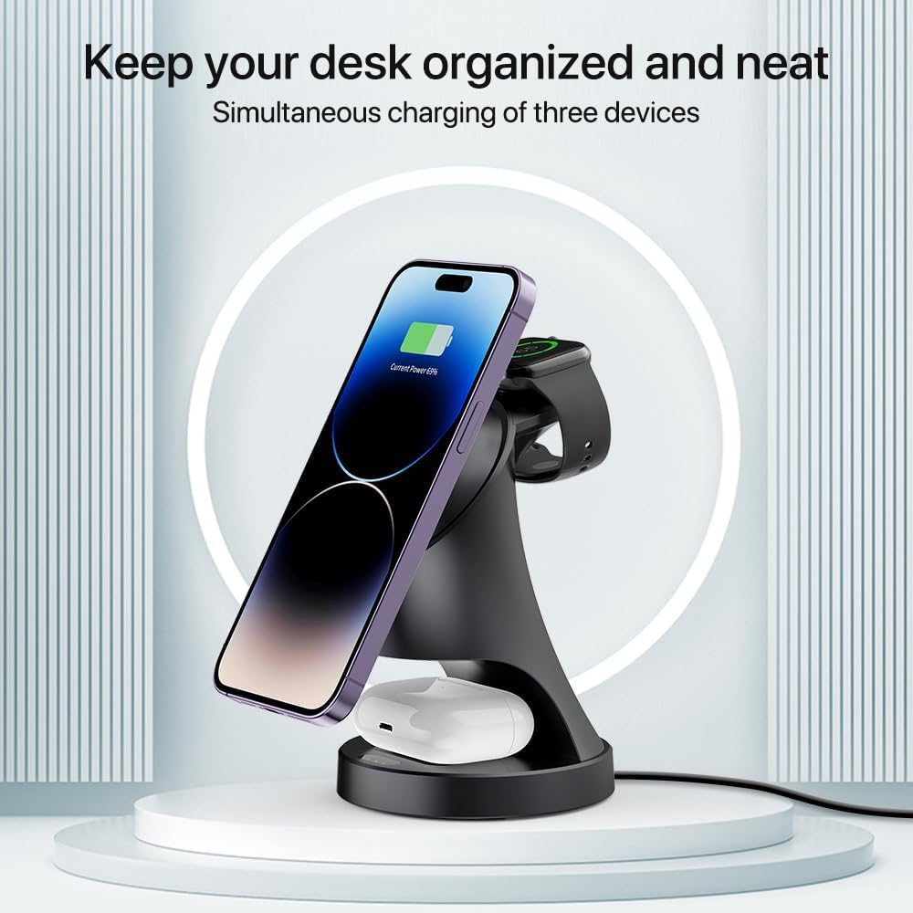 Ladestation Apple Watch und iPhone, 3 in 1 Induktive Ladestation mit Magsafe Ladegerät Wireless Charger Kompatibel mit iPhone 17 16 15 14 13 12 Air/Pro Max,für Apple Watch und AirPods (Schwarz) 8