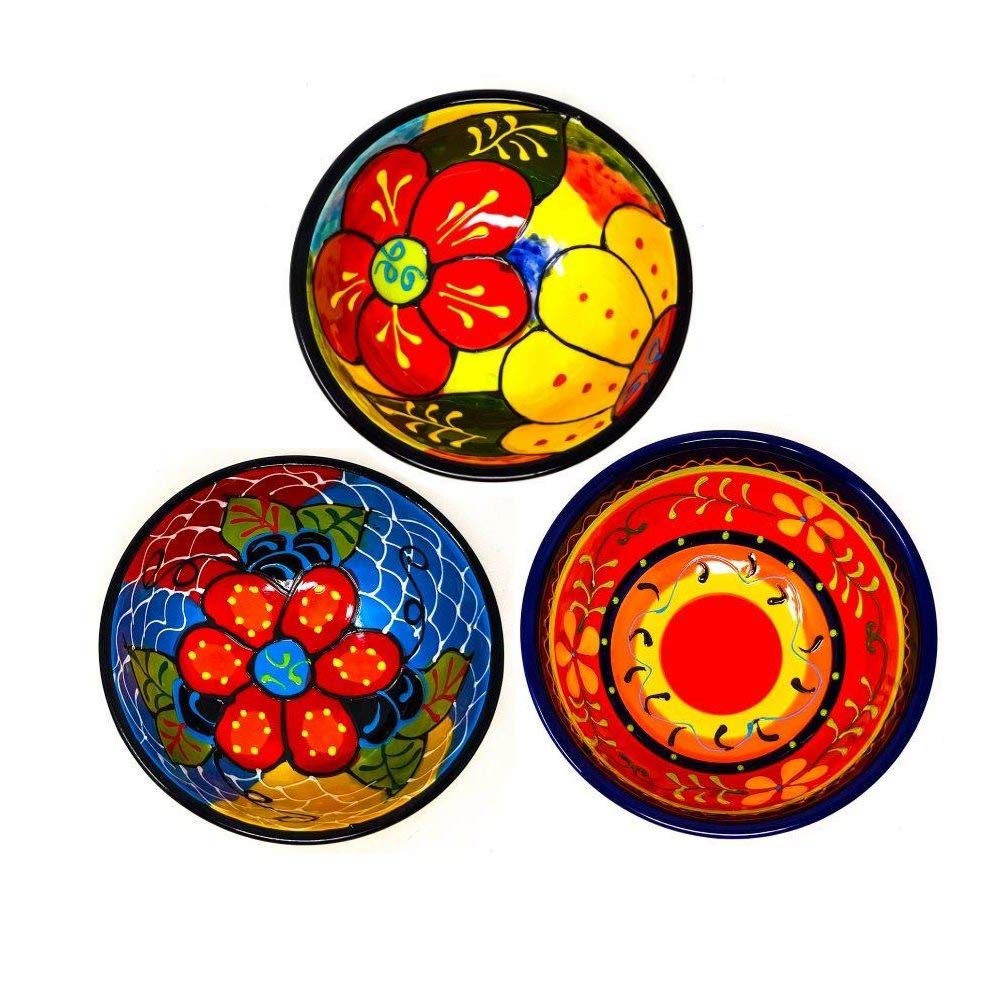 Divine Deli Hand Painted Set of 3 Medium Assorted Bright Colourful Ceramic Spanish Tapas Serving Dipping Snack Bowls 9cm, 0.45Kg