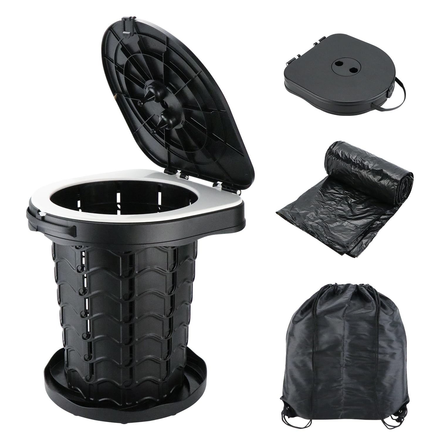 Portable Folding Toilet, Camping Toilet Collapsible Stool with Lid and Trash Bags, Adjustable Foldable Travel Toilet, Retractable Portable Toilet for Campervan, Hiking, Picnic, Fishing, Load 397lbs