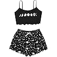 SOLY HUX Women's Cartoon Print Lettuce Trim Cami Top and Shorts Cute Pajama Set Sleepwear Black Star Moon S