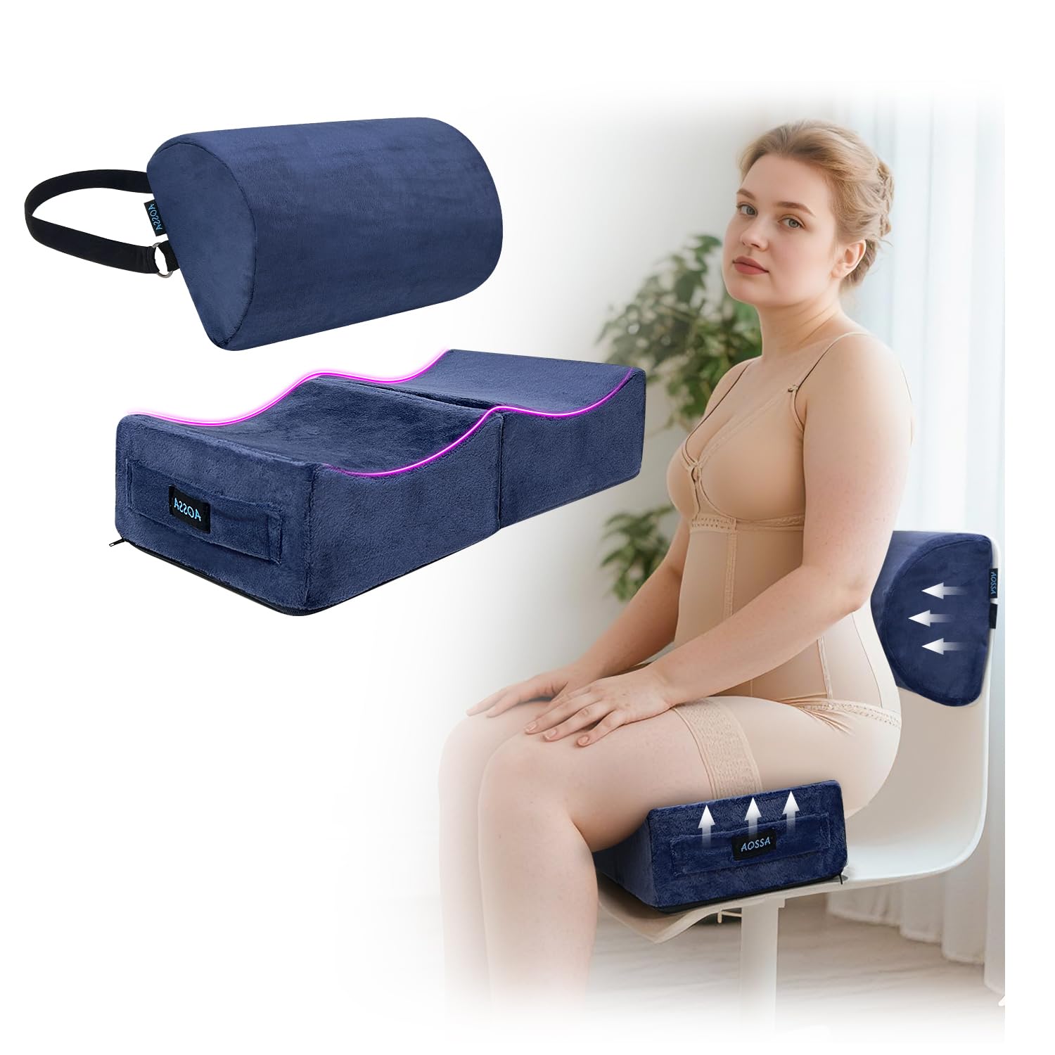 Photo 1 of AOSSA BBL Pillow After Surgery for Sitting, Driving - Brazilian Butt Lift Seat Cushion & Back Support Set, Foldable Booty Pillow for Car, Travel, Office - Post Surgery Lipo Recovery Supplies (Blue)