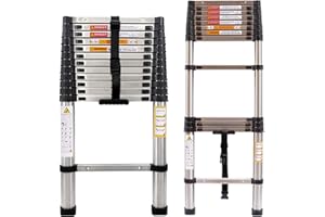 DICN Stainless Steel Telescoping Ladder 12.5FT Heavy Duty Telescopic Extension Ladder Portable Collapsible Ladder 330lb Max Load for Home Maintenance Window Cleaning Garden Work Access Attic Loft
