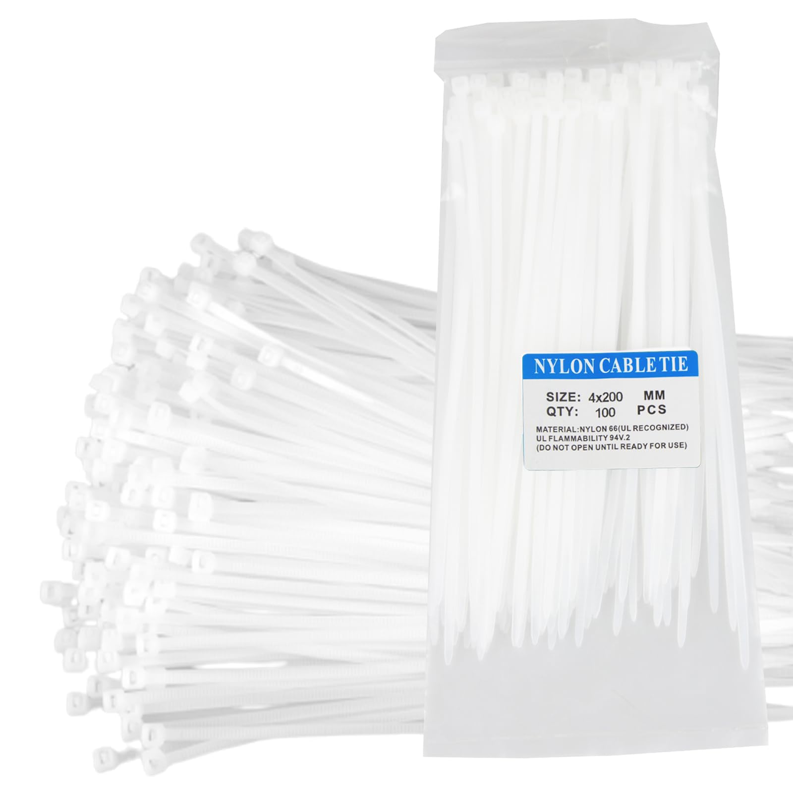 200 Pcs White Cable Ties, Nylon Zip Ties, 200mm x 3.6mm Plastic Tie Wraps, Secure Self-Locking Mechanism for Home, Garden, Office and DIY-White