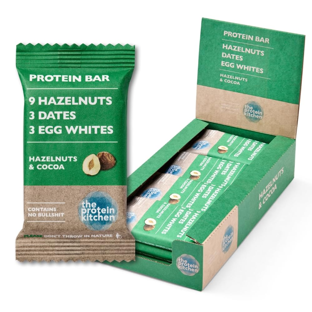 The Protein Kitchen 100% Natural Protein Bars (12 x 55g) - No Added Sugar, Nutritional Protein Bars - Hazelnuts & Cocoa - Egg Whites from Free Range Chickens — image 1