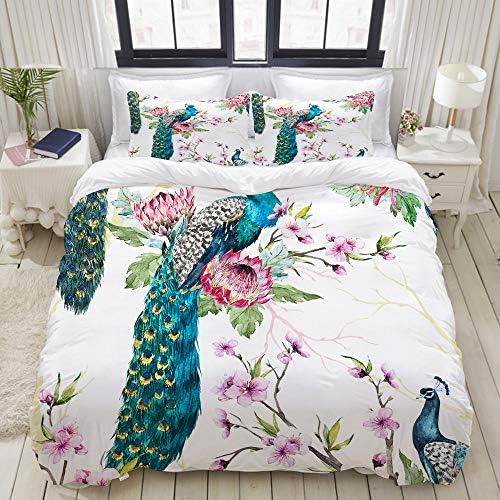 MOBEITI Watercolor Peacock on Tree Cherry Flowering Trees Protea Flower Branches Pink Studio Single Apartment Decorate Decorative Custom Design 3 PC Duvet Cover Set Queen/Full