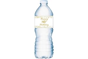 ROKAPARY 80th Birthday Water Bottle Labels; Set of 25 Waterproof Water Bottle Wrappers; Gold and White. Happy Birthday Labels