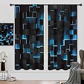 Riyidecor Black Navy Blue Wall Curtains Abstract Brick Modern 3D Gradient Design Futuristic Cubes Geometric Plaid Cool Rod Pocket Men Boys Bedroom Living Room Treatment Fabric 2 Panels 42Wx63H Inch