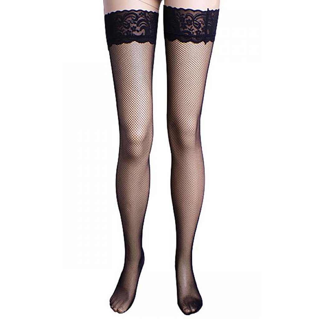 generic new arrival black lace top fishnet back seamed thigh high stockings