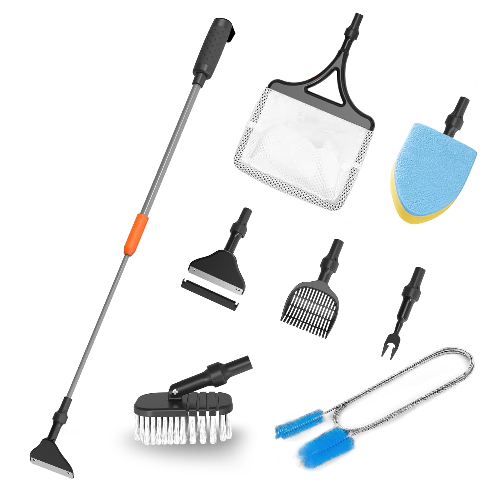 Photo 1 of SEAOURA 7-in-1 Aquarium Cleaning Tool, Fish Tank Cleaner with Telescopic Handle,Aquariums Scraper,Adjustable Angle Brush,Gravel Rake,Plant Fork, Flat Sponge,Large Fishes Net,Hose Brushes