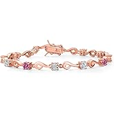Gem Stone King 18K Rose Gold Plated Silver Pink Moissanite and White Lab Grown Diamond Bracelet For Women (2.25 Cttw, Gemstone Birthstone, Round 4MM, 7.5 Inch)