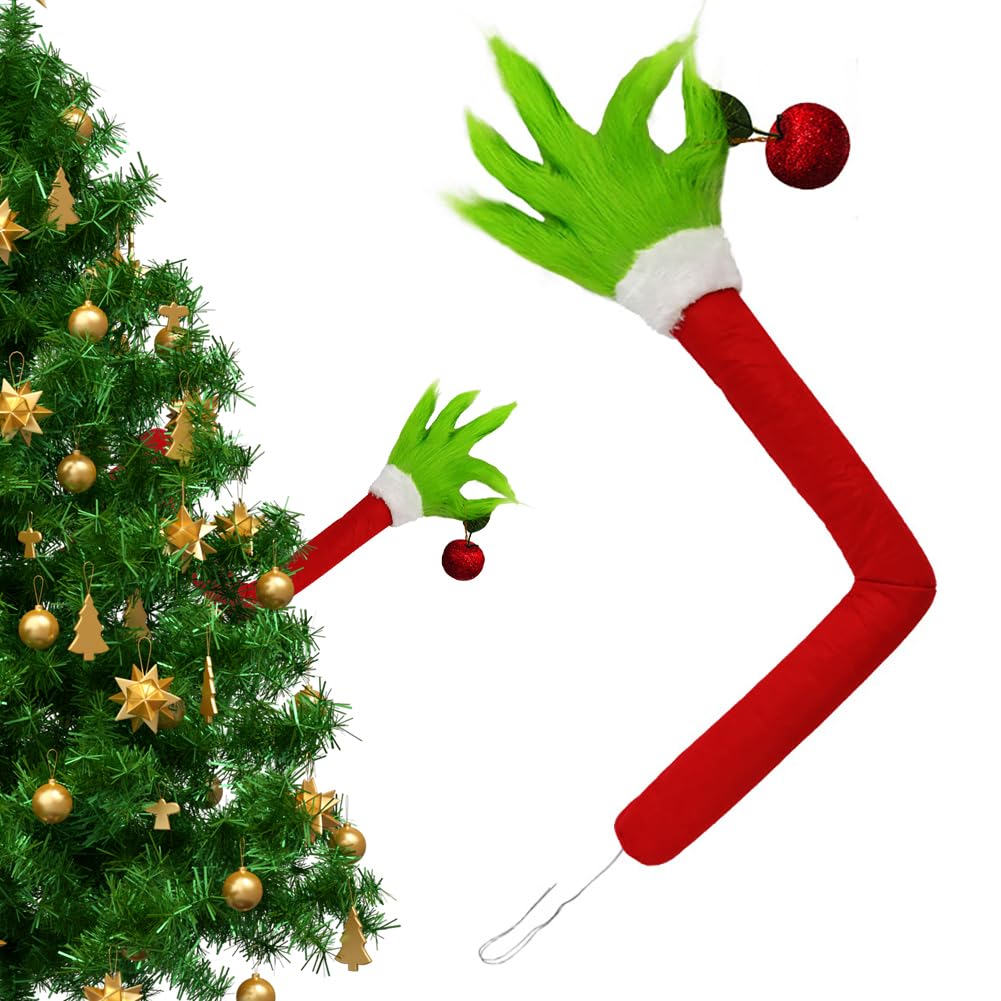 Green Monster Arm Ornament Holder, Furry Green Monster for Window Holiday Indoor Decor Party Ornaments Christmas Tree Decor Elf Arms