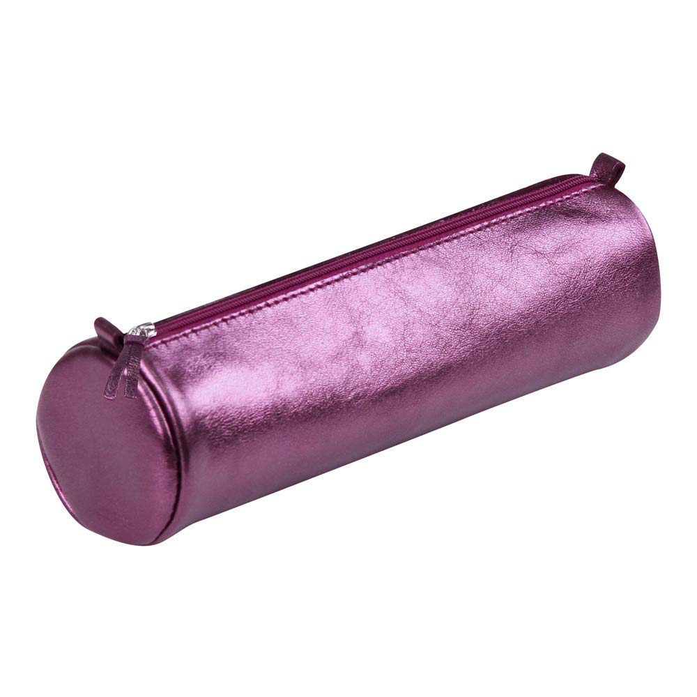 Clairefontaine 8689C - Round School Pencil Case Cherry Iridescent Effect Ø5,5x22 cm in Genuine Lambskin Leather - School supplies - Pencil Case - Pen Holder