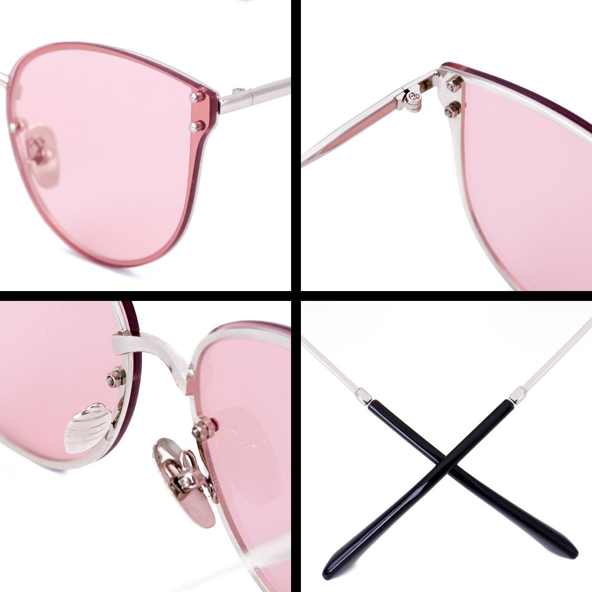 WISH CLUB Women Pink Oversized Cat Eye Sunglasses Designer Rimless Flat Mirrored Lenses Glasses