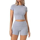 QINSEN Women's 2 Piece Outfits Lounge Sets Slim Fitted Short Sleeve Crop Tops Fold Over Shorts Casual Comfy Trasuits
