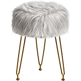 IBUYKE Faux Fur Vanity Stool Chair, Furry Makeup Stool Ottoman, Soft Padded Seat, Round Footrest Footstools with 4 Metal Legs, for Living Room Bedroom Entryway, Gray LG-32G