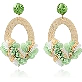 QLYOVWE Handmade Raffia Flower Petal Earrings for Women Cute Raffia Straw Wrapped Flower Drop Dangle Earrings Boho Statement Flower Petal Earrings Summer Tropical Beach Jewelry