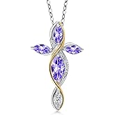Cross Necklace For Women In 925 Silver and 10K Yellow Gold with Blue Tanzanite and Lab Grown Diamond | 1.38 Cttw | Jesus Christian Religious Crucifix | Marquise 8X4MM | With 18 Inch Chain