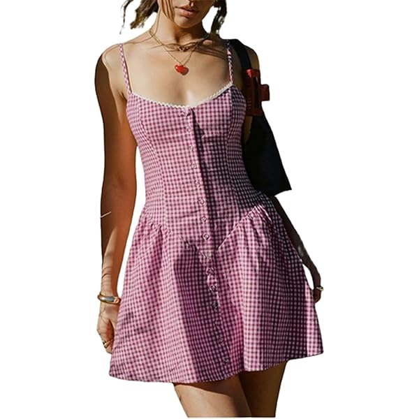 Women Gingham Mini Cami Dress Plaid Spaghetti Strap Lace Trim Short Dress  Square Neck Open Back Cute Party Dress at Amazon Women's Clothing store