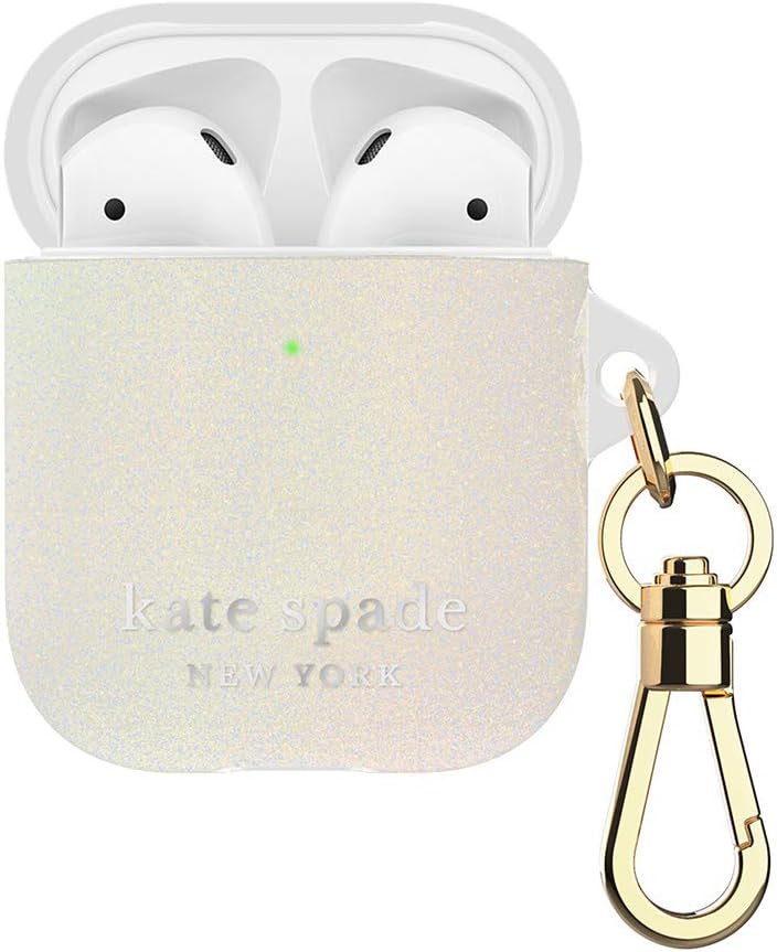 Kate Spade New York KSAP-001-WHTGL White Glitter Case for AirPods 2 & 1 - Protective Wireless Charging Cover with Keychain (Front LED Visible)