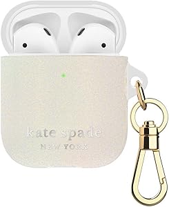 Kate Spade New York KSAP-001-WHTGL White Glitter Case for AirPods 2 & 1 - Protective Wireless Charging Cover with Keychain (Front LED Visible)