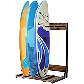 MyGift Freestanding Vertical Surfboard Storage Rack, Beach House Style Burnt Wood and Black Metal Wakeboard SUP Paddleboard Storage Stand - Holds up to 4 Boards