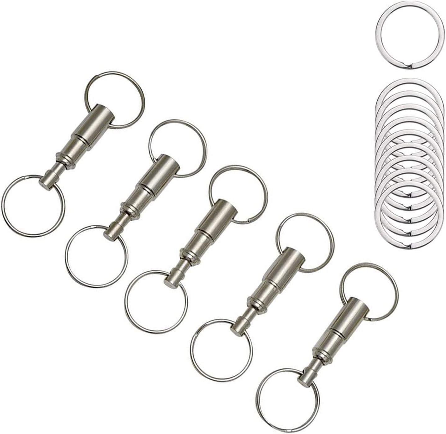 Quick Release Detachable Keychains Heavy Duty Outdoor Dual Spring Split Snap Seperate Pull-Apart Silver Key Ring Key Accessory Lock Holder with 2 Split Rings 10 PCS Ring(1.25 inch) as Gifts (Silver)