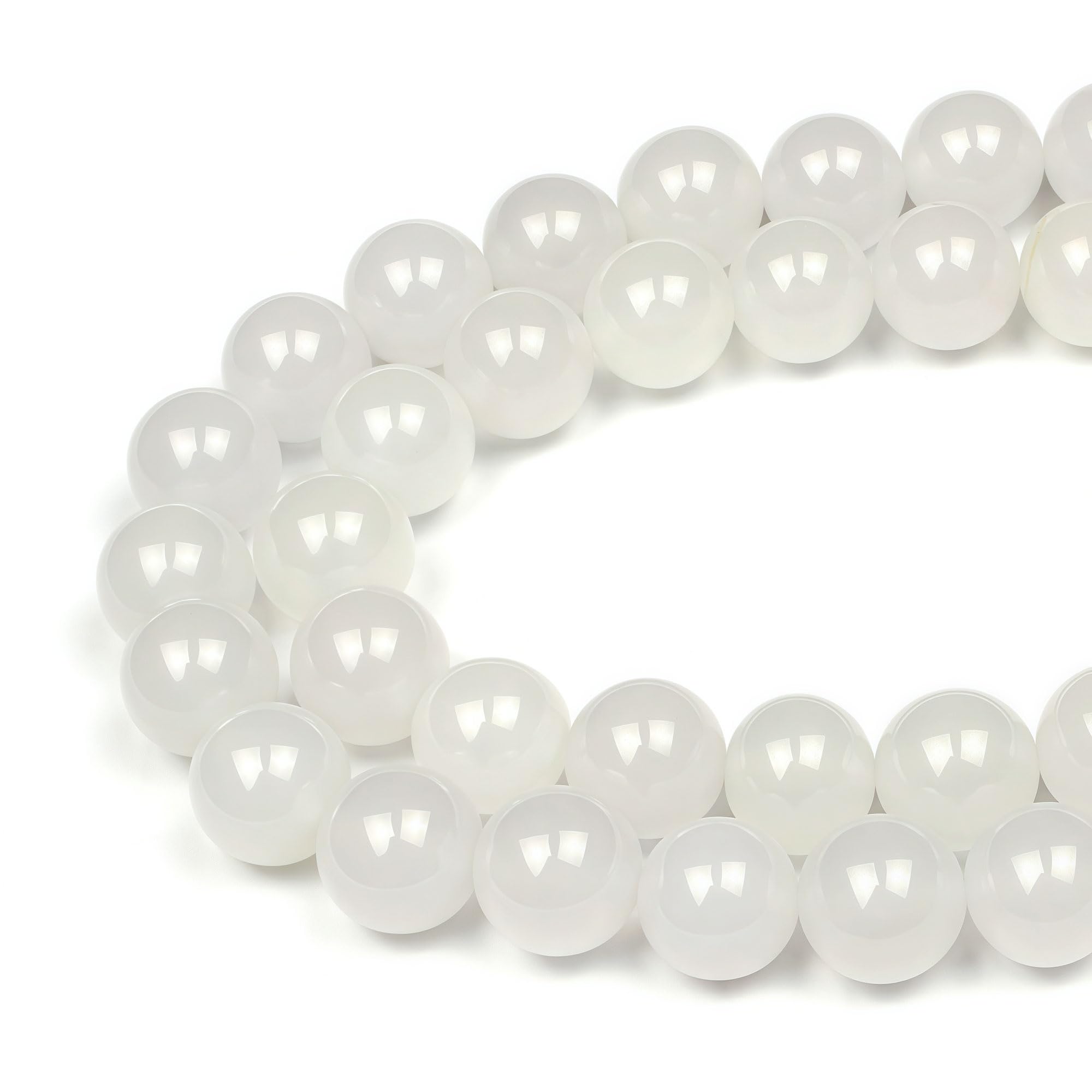 MJDCB Natural Round Stone Beads 10mm White Agate Loose Gemstone Beads for Jewelry Making Bracelet Necklace 35pcs