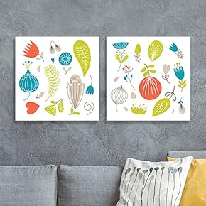 2 Panel Square Canvas Wall Art - Fresh Color Floral Patterns - Giclee Print Gallery Wrap Modern Home Art Ready to Hang - 12"x12" x 2 Panels