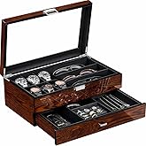 Watch And Sunglasses Organizer With Men’s Jewelry, 6-Slot Watch Box & Sunglasses Organizer With Drawer, PU Leather Interior, Solid Wooden Watch Case Display With Large Clear Glass Lid