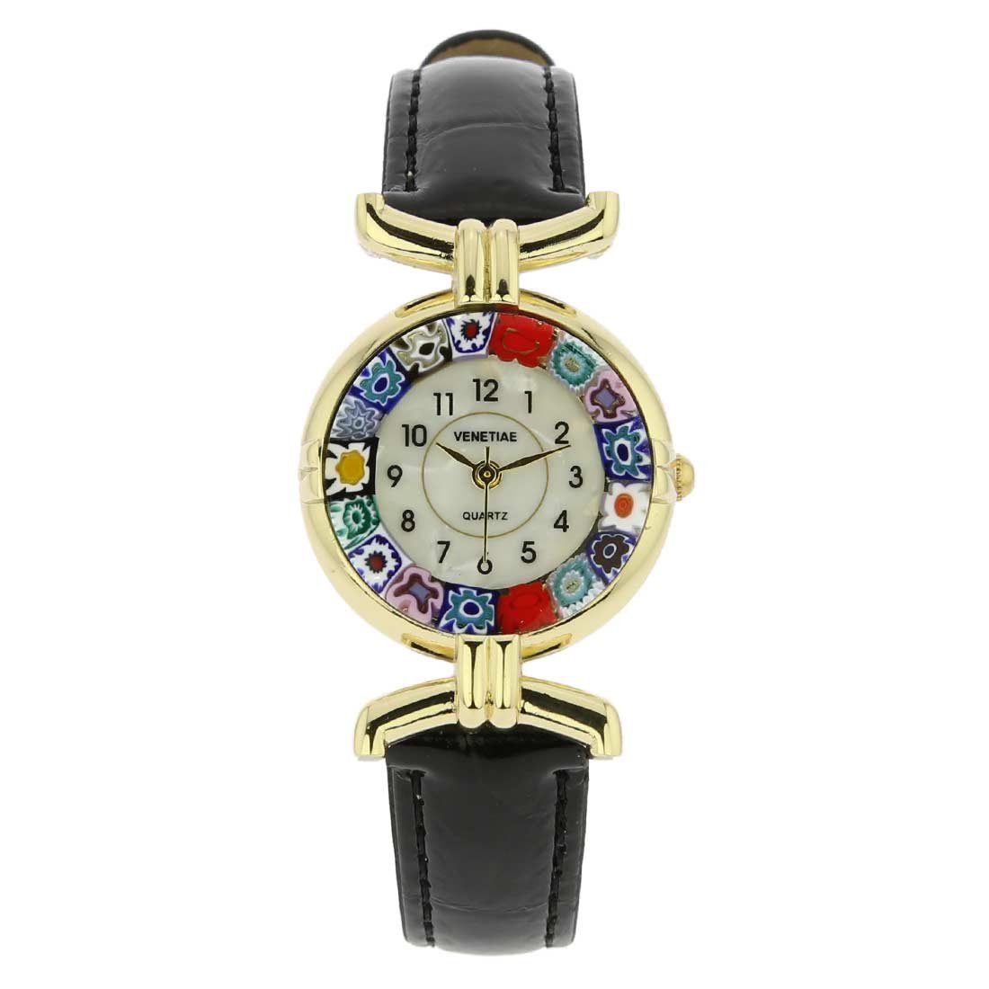 Glass Of Venice Murano Glass Millefiori Watch Round Multicolor Gold-Tone - 1" Face with Black Band for Women - Handmade in Italy
