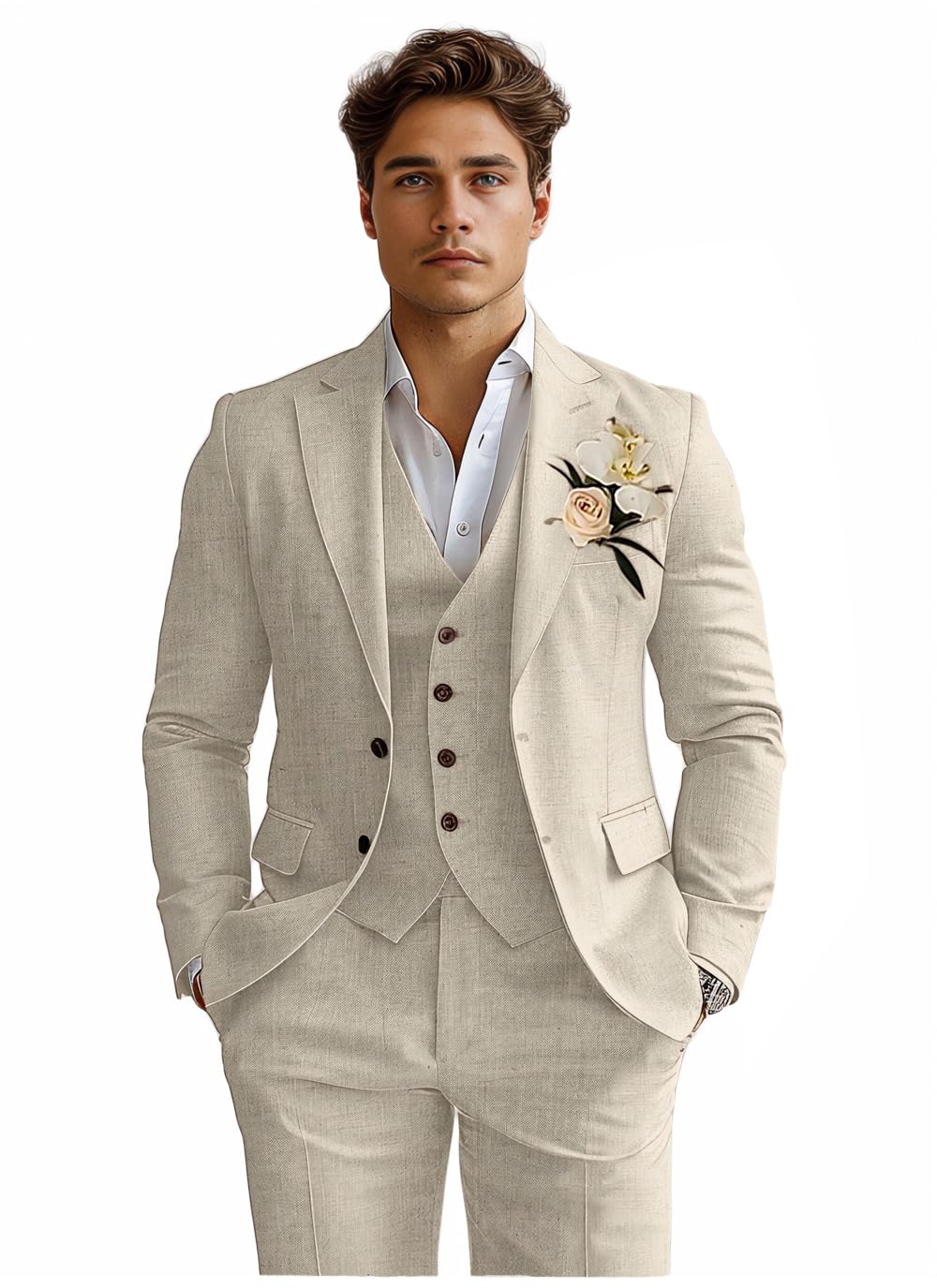 Photo 1 of Diaryan Men's Suits Linen Beige Big and Tall Suit for Men Beach Wedding Prom Suits Grooms Tuxedos Mens Tux Jacket Vest Pant L