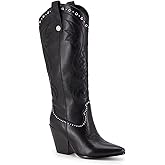 GOGD Knee High Western Boots For Women Embroidered Cowboy Boots Pointed Toe Chunky High Heel Wide Calf Shoes