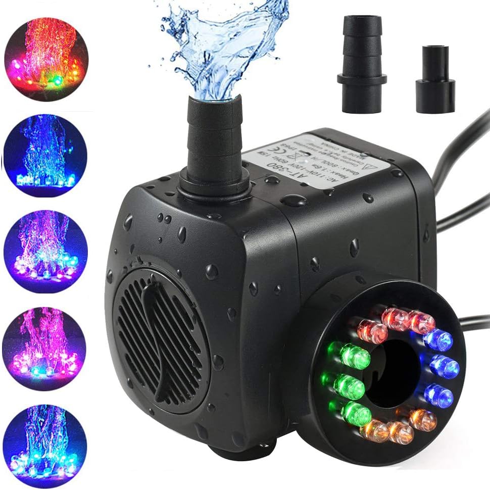 Kidoo 220 GPH Submersible Water Pump(800L/H, 15W),Ultra Quiet 12 LED Colorful Pump Lights with 2 Nozzles,6 Feet Power Cord for Fish Tank, Pond, Aquarium, Statuary, Hydroponics