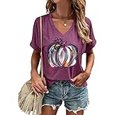 Fall V Neck T Shirt Funny Halloween Thanksgiving Graphic Tee Casual Family Halloween Costume Tops