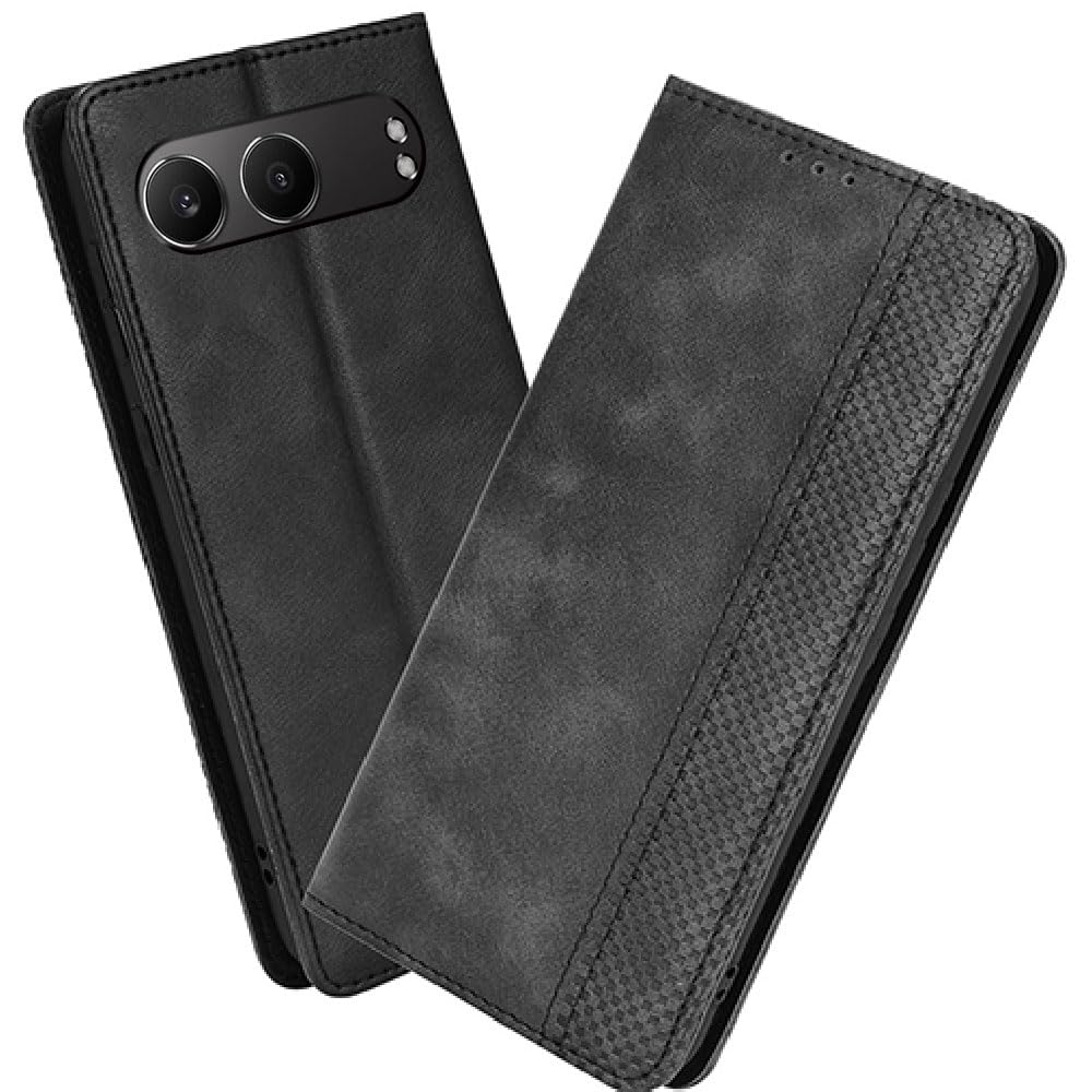 XINNI Protective Phone Case for OnePlus Nord 4 5G, PU/TPU Vintage Flip Leather Shockproof Cover Magnetic Book Style Wallet, Black