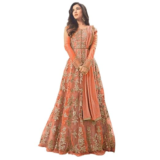 Womens Orange net Semi-Stitchedi Salwar Suit