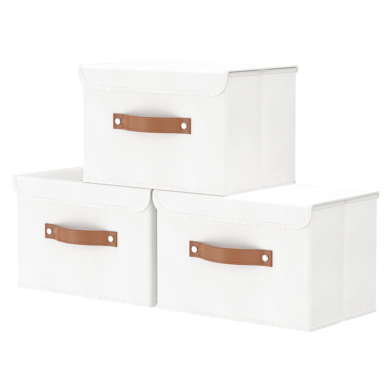 OUTBROS Collapsible Storage Box with Lid, Linen Fabric Clothing Shelf Basket Bins Box For Towels, Clothes 38x25x25 cm (White, 3-Pack)