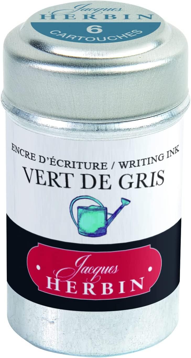Jacques Herbin 20107T - A box of 6 ink cartridges for fountain pens and rollerball pens (packaging-free product - zero-waste goal) - Vegan- Vert de gris