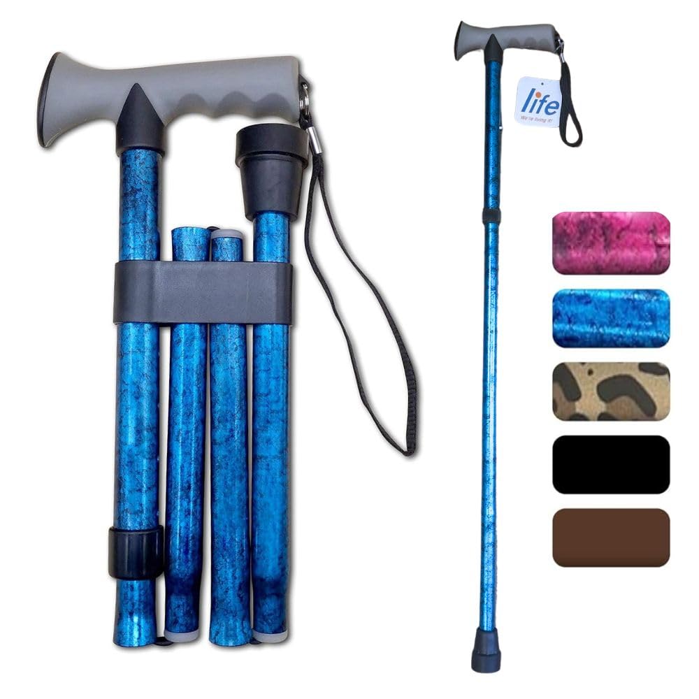 Life Healthcare Walking Stick Comfort Gel Handle For Arthritis, For Elderly Disabled, Folding Adjustable Height, Right Or Left Handed, With Non-Slip Rubber Tip, Wrist Strap, Lightweight Blue Crackle