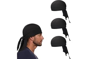 Durags for Men,3-Pack Black Bandana Head Wraps, Breathable Skull Caps, Sweat-Wicking Bandanas for Men