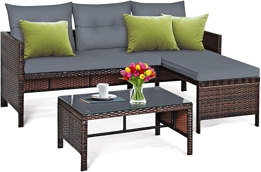 Amazon Com Tangkula Patio Corner Sofa Set 3 Piece Outdoor Rattan Sofa Set Includes Lounge Chaise Loveseat Coffee Table Patio Garden Poolside Lawn Backyard Furniture Gray Kitchen Dining