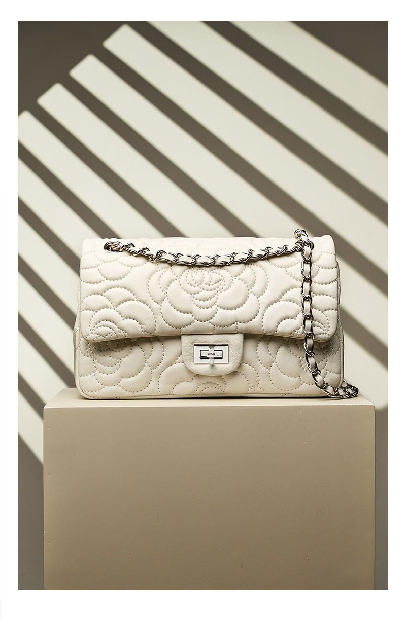 Genuine Leather Women Bag Camellia Shoulder Bag Chain Sheep Leather Handbag, beige