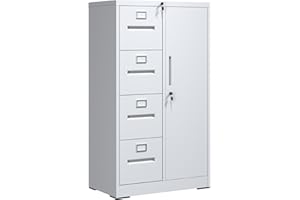 IKIMI Locking File Cabinet with 4 Drawers and 1 Door,Metal Storage Locker Cabinets for Employees,Home Office Filing Cabinets for Legal/Letter Size Files, Assembly Required