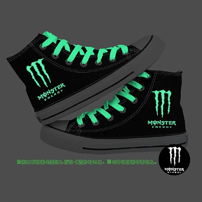 Amazon 新宿良品 モンスタエナジー Monster Energy Kris シューズ ハイトップ キャンバスシューズ 蛍光靴 キャンバス カップルモデル ブラック 新宿良品 シューズ バッグ