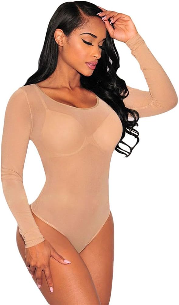 ADEWEL Womens Long Sleeves Stretchy Sheer Mesh Leotard Bodysuit