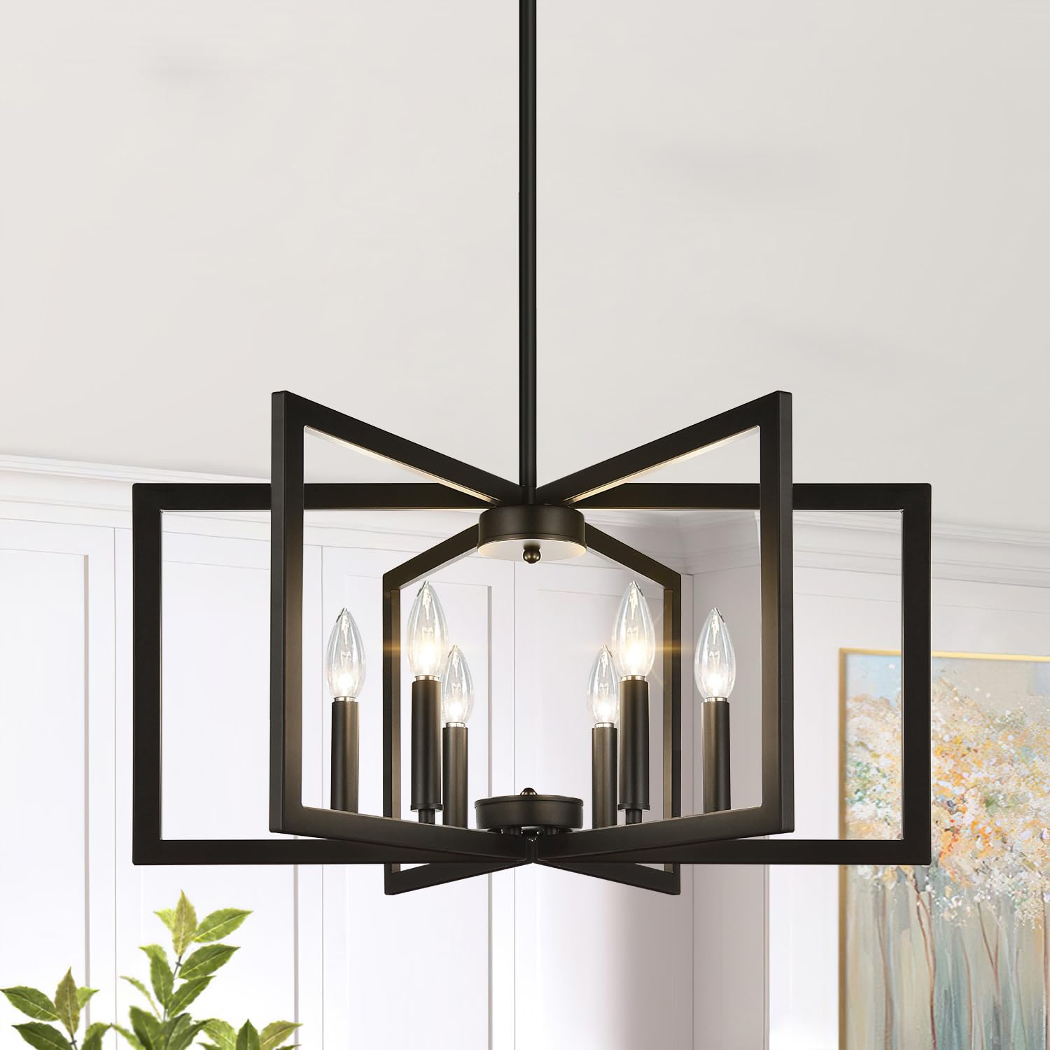 Photo 1 of 6-Light Modern Black Chandelier, Geometric Dining Room Light Fixture Industrial Pendant Lights Kitchen Island, Hanging Metal Farmhouse Chandelier for Dining Room Entryway Foyer