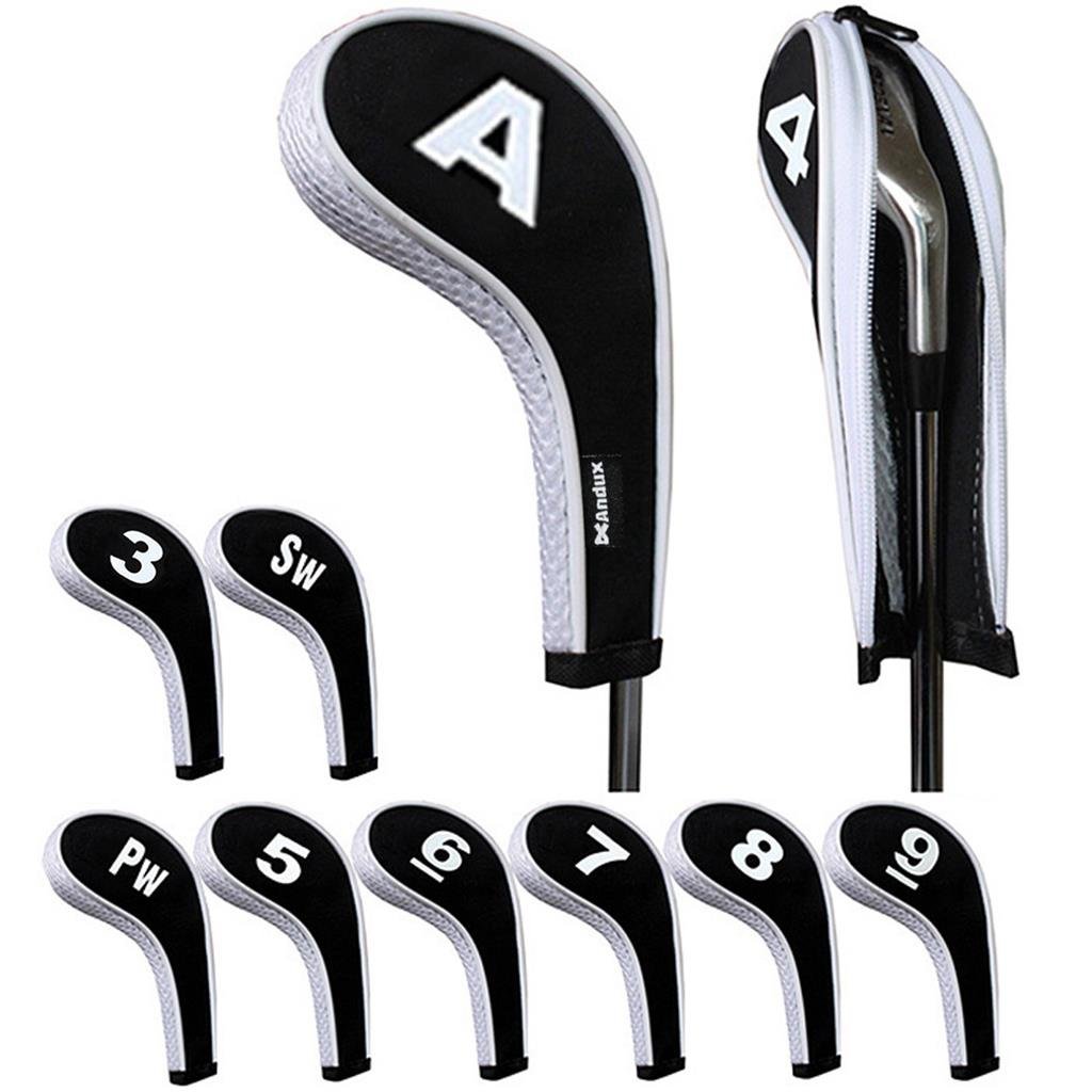 Andux Number Print Golf Iron Club Head Covers with Zipper RH 10pcs/set Black/white