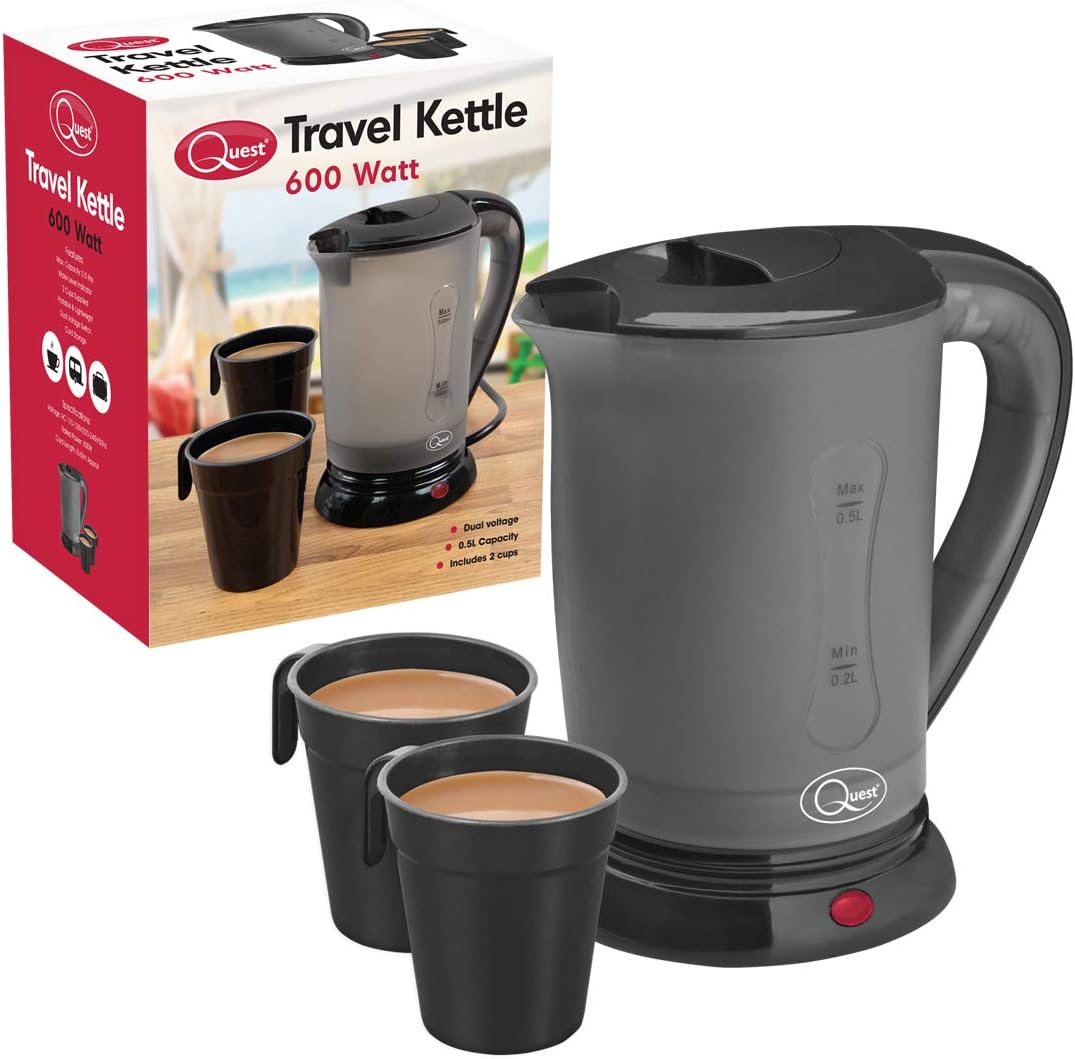 Quest Black Compact Travel Kettle, 0.5 Litres, 600 Watt & Dual Voltage for Worldwide Use Includes 2 Lightweight Cups