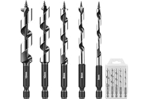 SUNJOYCO 5 PCS Auger Drill Bit Set for Wood, High Carbon Steel Wood Drill Bits, Woodworking Ship Auger Bits for Softwood, Har